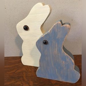 2 Wood Bunnies Glass Eyes Grey & Cream Easter Tabletop Spring Decor Handmade/172